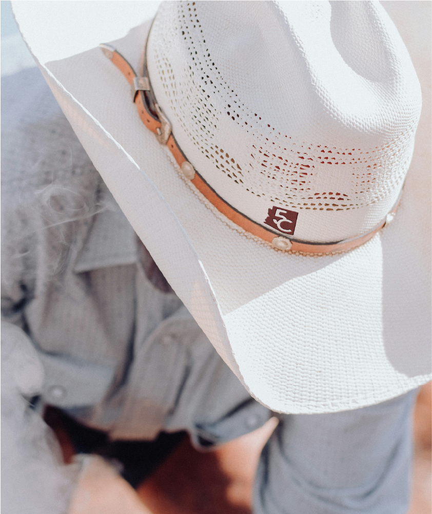 5C Cowboy Hats patch on a white cowboy hat.