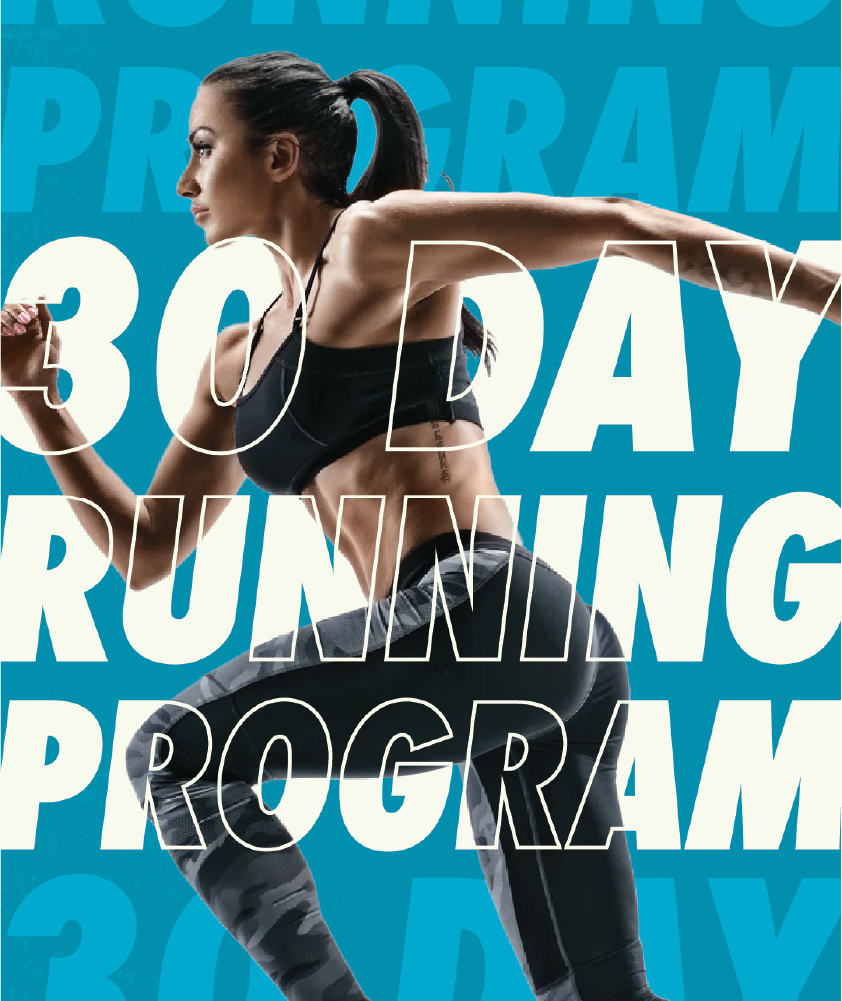 A promotional image for a '30 Day Running Program' featuring a woman in athletic wear running against a bold blue background with large, overlapping text.