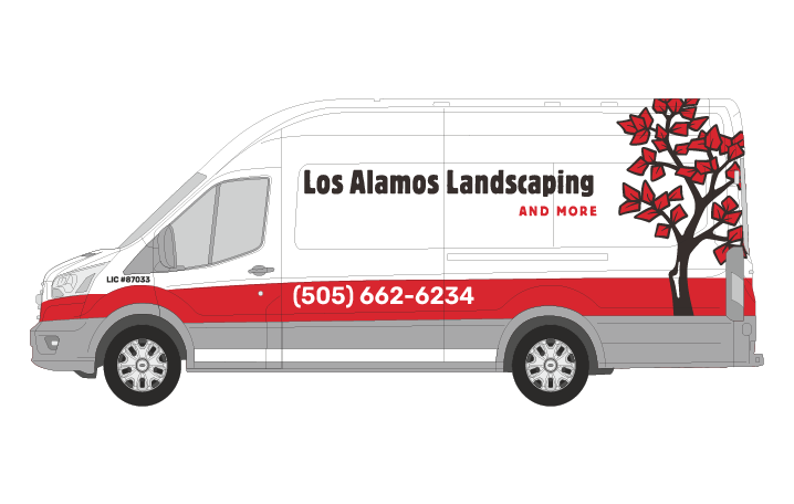 A design mockup of a white van featuring branding for 'Los Alamos Landscaping and More,' including a red stripe with the phone number '(505) 662-6234,' and a red tree graphic on the back end of the vehicle.