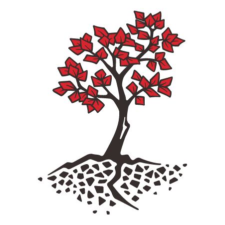 A stylized illustration of a tree with red leaves and a black trunk, set above a textured pattern resembling scattered stones or roots.