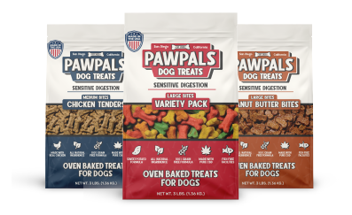 3 PawPals product packaging designs for variety treats, chicken flavor, and peanut butter.