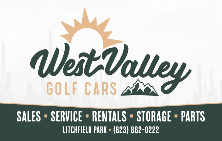 A promotional graphic for West Valley Golf Cars, featuring the logo with a sun and mountain design, the tagline 'Sales • Service • Rentals • Storage • Parts,' and the location 'Litchfield Park' along with the phone number '(623) 882-0222.