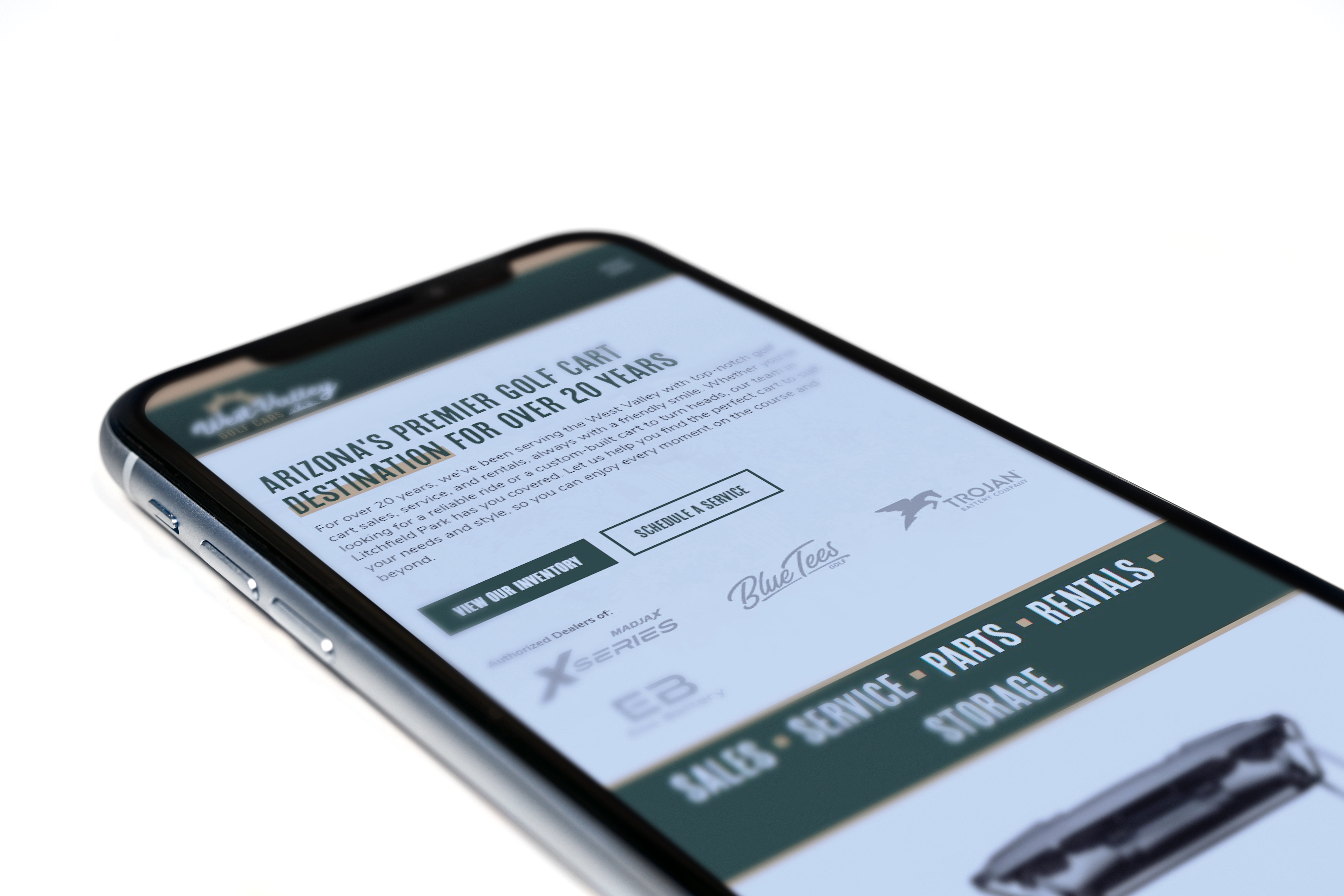 Mockup of West Valley Golf Cars website on a mobile device