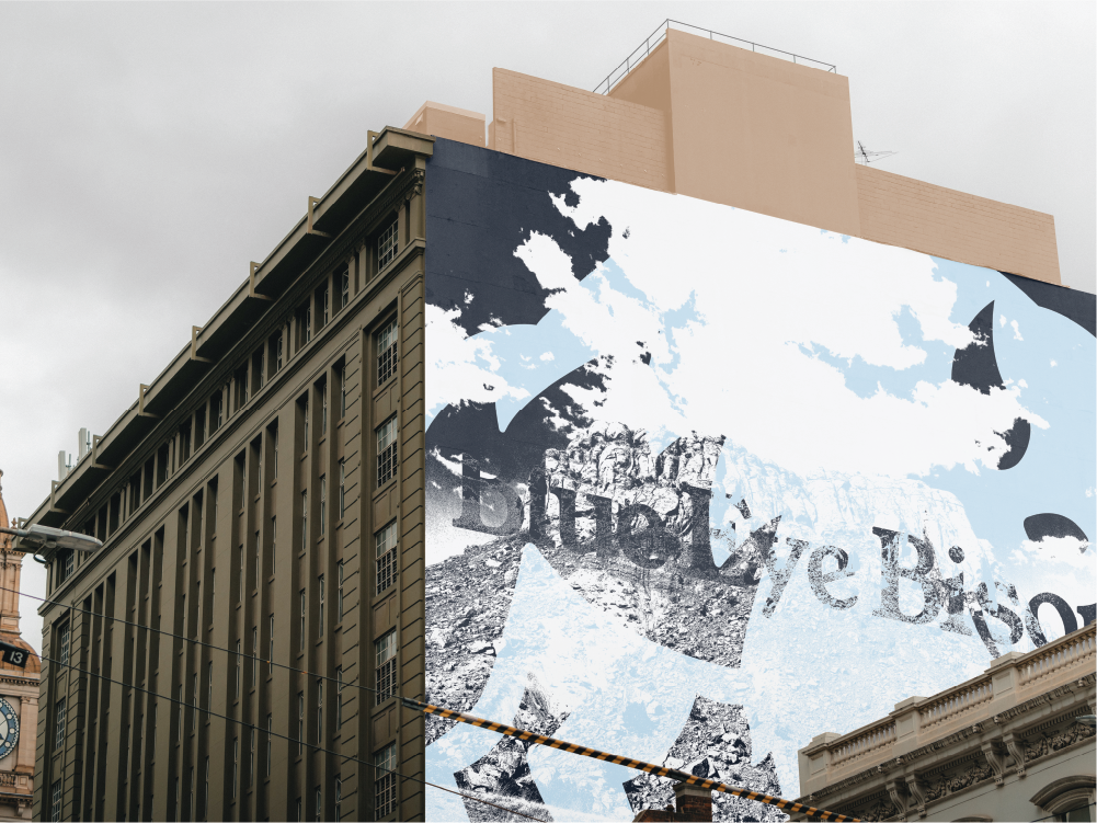 Blue Eye Bison mockup ad on the side of a building in a city.