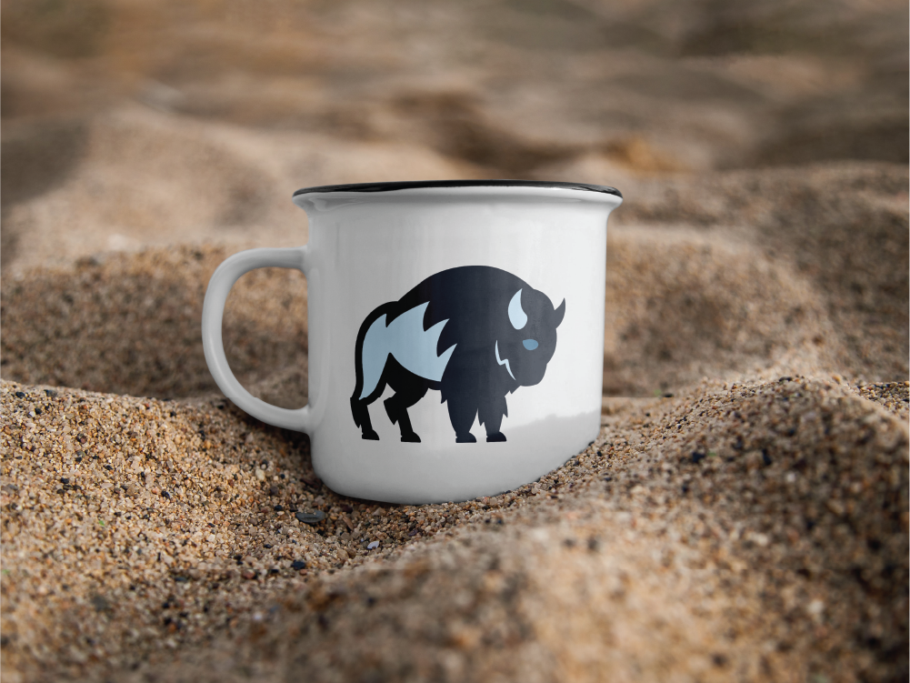 Blue Eye Bison icon logo on the side of a coffee cup.