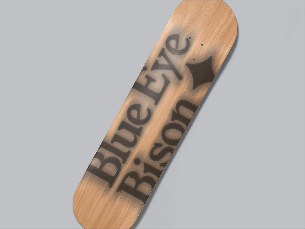 Blue Eye Bison branded skateboard mockup.