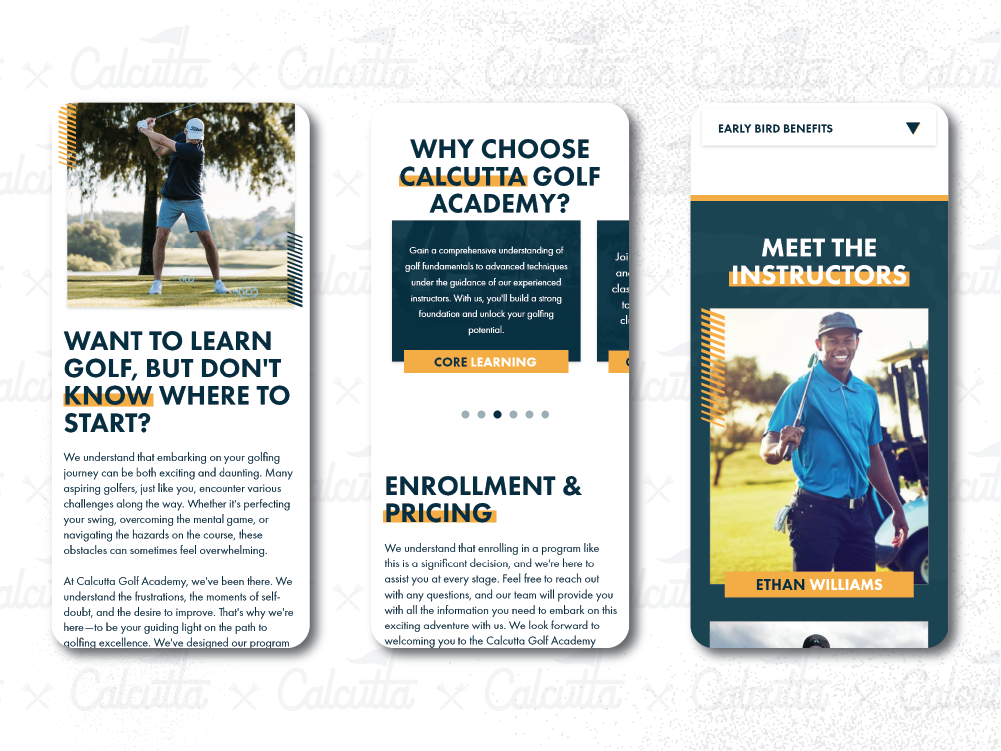 Various mockups of mobile versions of Calcutta Website.