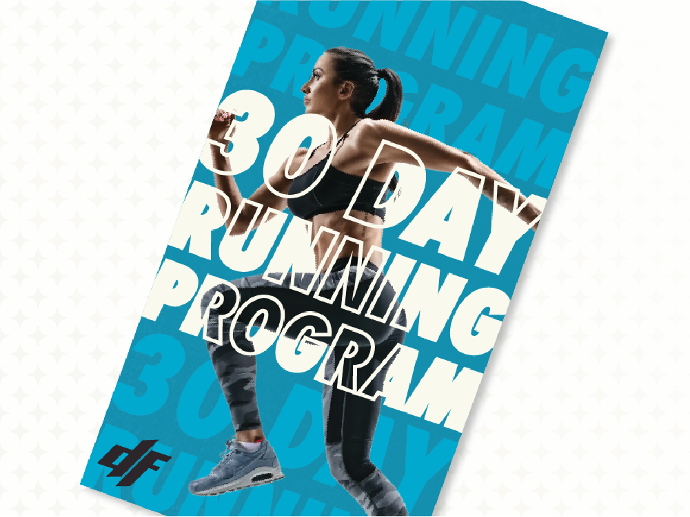 Promotional flyer for the Diamond Fitness '30 Day Running Program,' featuring a female runner in motion with bold text and a vibrant blue background.