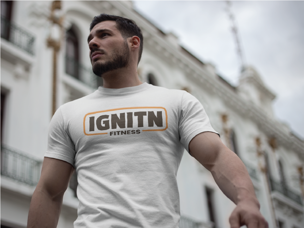 Ignitn Fitness lettermark on the front of a white tshirt.