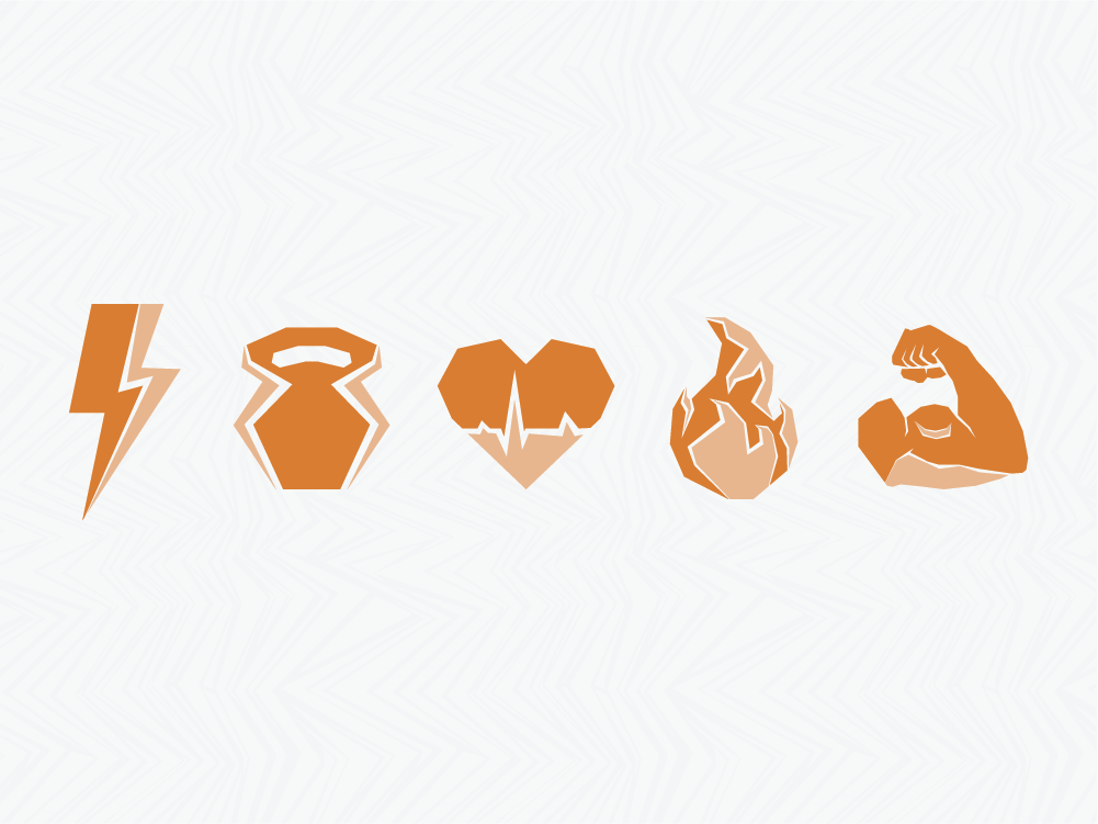 A small sample of Ignitn Fitness branded Icons. From left to right, Bolt, Kettle Bell, Heart, Flame, Strength.