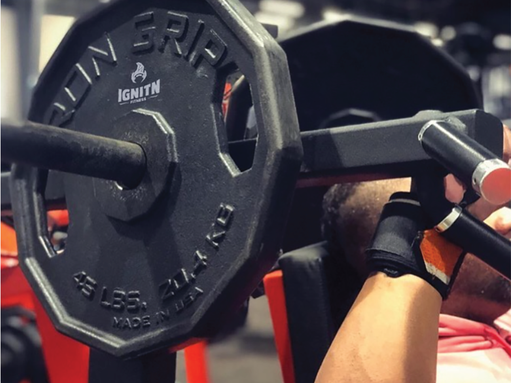 Ignitn Fitness logo on a 45lb plate.