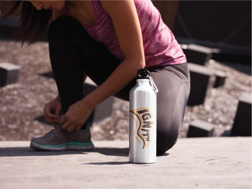 Ignitn Fitness flag logo on waterbottle.