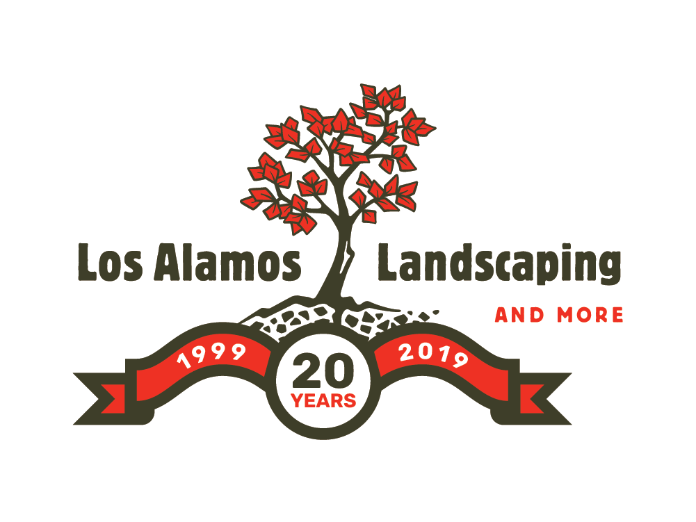 Los Alamos Landscaping 20th anniversary banner on top of their primary logo.