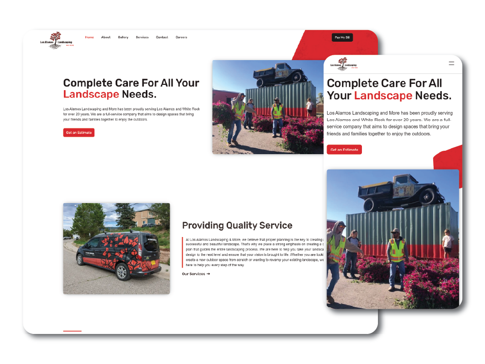 Los Alamos Landscaping & More homepage showcasing the hero section with a bold headline 'Complete Care For All Your Landscape Needs.'