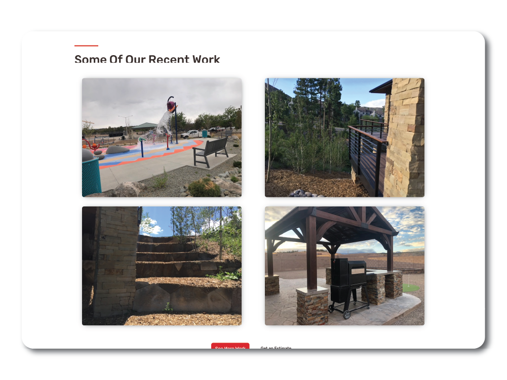 Los Alamos Landscaping & More website section displaying recent landscaping projects, including images of outdoor spaces with a splash pad, railing with a forest backdrop, terraced steps, and a covered grill area.