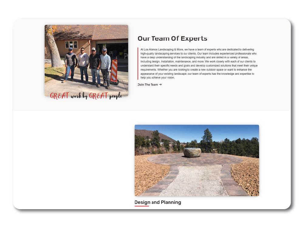 Los Alamos Landscaping & More website section introducing the team, with a group photo of employees and text emphasizing 'Great Work by Great People,' followed by an image of a finished landscaping project.