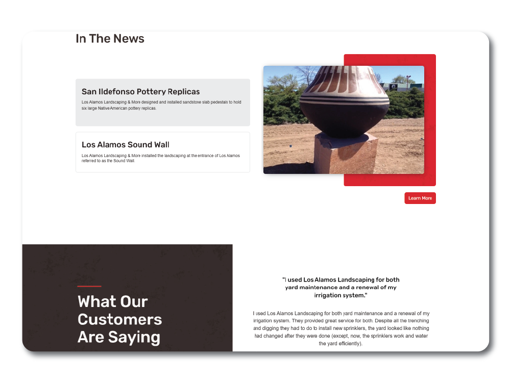 Los Alamos Landscaping & More website section highlighting recent news stories, including projects like San Ildefonso Pottery Replicas and the Los Alamos Sound Wall, with customer testimonials at the bottom.